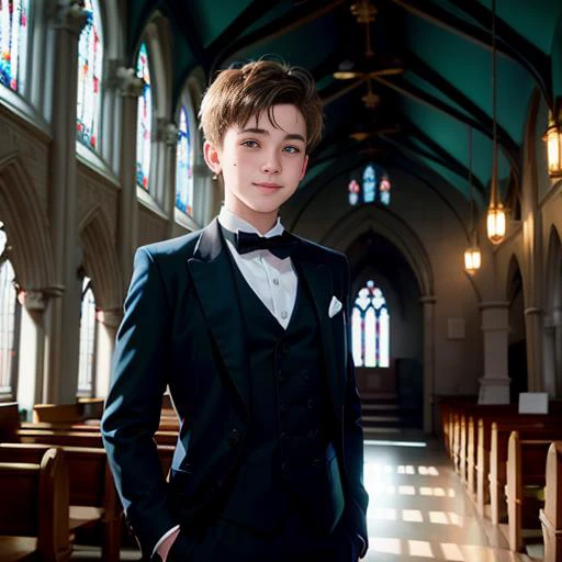 1boy, smile, sub surface scattering skin, freckles, full body shot , glowing eyes , back street neon lights, intricate victorian suit, church, light shafts on high ceiling roof