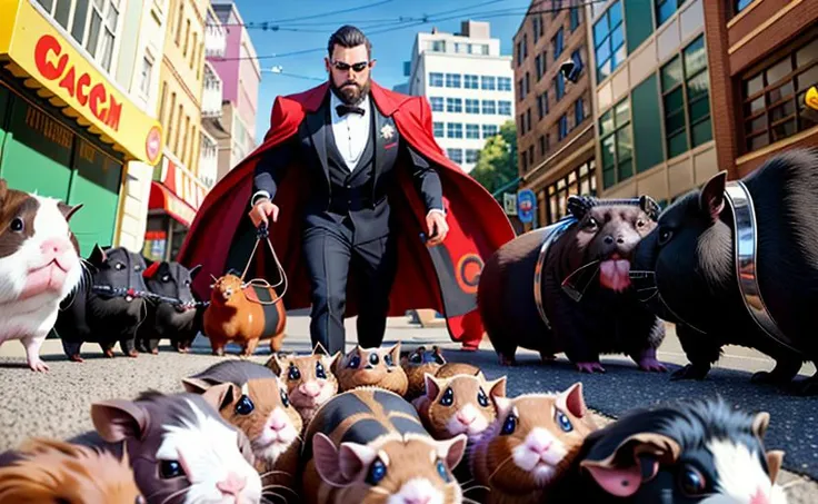 Supervillain, Chad Wyatt, Master of Guinea Pigs, man in a tuxedo, black and red opera cape, handlebar moustache, pointy beard, ((commanding a Horde of guinea pigs on the street in foreground)), (hyperdetailed:1.2), (hyperrealistic:1.3), (masterpiece:1.5), (best quality:1.4), bright colors, daylight, ruined city streets background, 8k cg wallpaper, trending on cg society