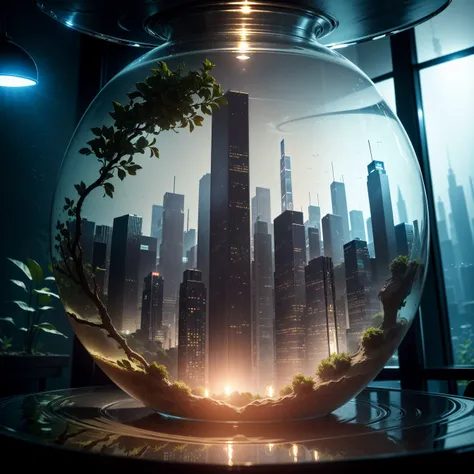 masterpiece, best quality, high definition, highest quality, ultra-realistic, (((a miniature city inside a glass light bulb inside an aquarium tank))), ((concept art, abstract, photorealism, depth of field, clarity)), ((skyscrapers, buildings, urban, retro)), (5D), hyperrealism, hyper-realistic, 16k definition, high definition, HD, (darker colors), location: space