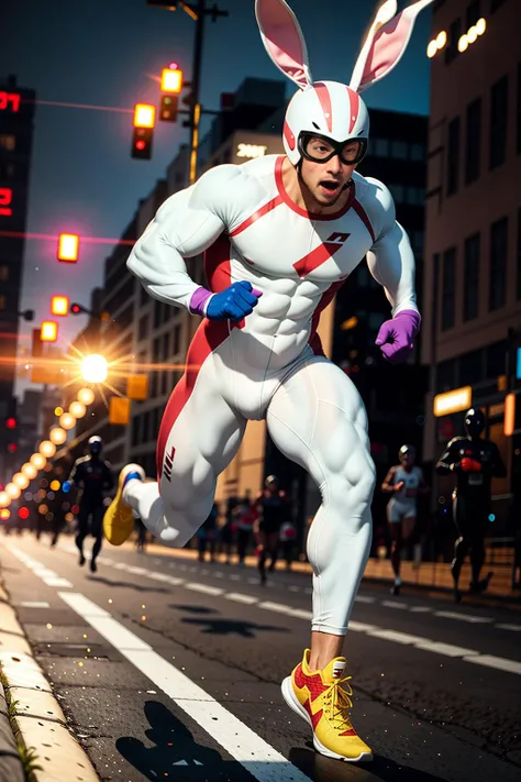 superhero, speed, bitten-by-radioactive-bunny, full-body shot of a man in skin-tight, spandex rabbit costume running super fast, white costume, goggles, helmet, bunny ears, (small upper-body muscles), (enormous leg muscles:1.3),  (hyperdetailed:1.2), (hyperrealistic:1.3), (masterpiece:1.5), (best quality:1.4), bright colors, daylight, motion blur, champion city streets background, 8k cg wallpaper, trending on cg society, Jackrabbit Slim, [symbol on costume]