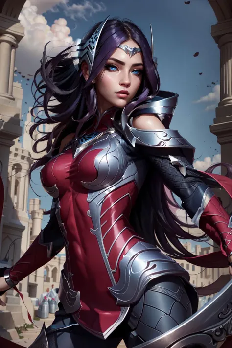 best quality, intricate details,
1girl, <lora:Irel-10:0.8>long hair, ((blue eyes)), solo, black hair, Irelia, looking at viewer, purple hair, armor, lips, shoulder armor, foreshortening, symmetrical eyes, sexy pose, medieval background, medium breasts, breasts focus,