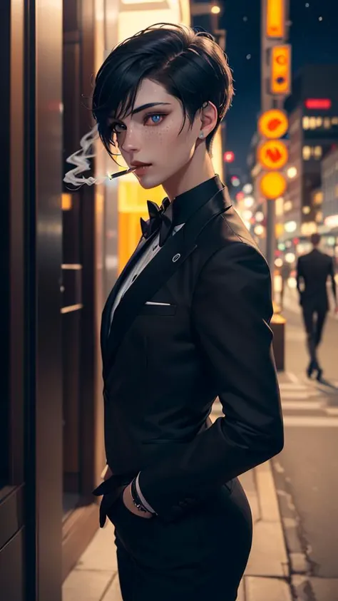 Beautiful, ((androgynous woman)), black pupils, black undercut hair, lithe, wearing a black tuxedo, standing outside a nightclub, smoking a cigarette, neon backlighting, night, urban envrionment, highly detailed hair, pores, hyper realistic, national geographic, high detail, sidelighting, HDR, postprocessed, award winning, 4K 8K photography, high resolution, depth of field, breathtaking, magnificent, elegant, beautiful, fantastical, grimmer, sigma 18-35mm f/1.8, sharp focus, canon