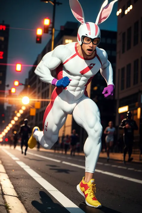superhero, speed, bitten-by-radioactive-bunny, full-body shot of a man in skin-tight, spandex rabbit costume running super fast, white costume, goggles, helmet, bunny ears, (small upper-body muscles), (enormous leg muscles:1.3),  (hyperdetailed:1.2), (hyperrealistic:1.3), (masterpiece:1.5), (best quality:1.4), bright colors, daylight, motion blur, champion city streets background, 8k cg wallpaper, trending on cg society, Jackrabbit Slim, [symbol on costume]