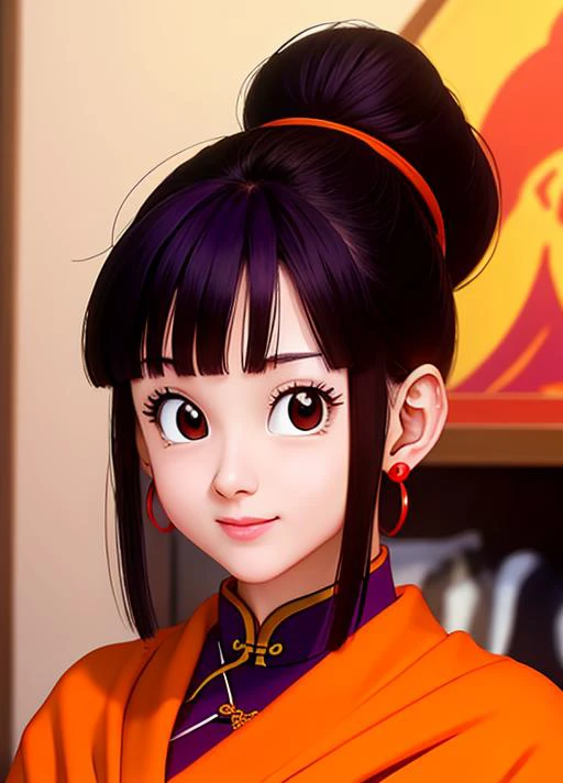 masterpiece, best quality, highest quality, photorealistic, perfect anatomy, perfect face, perfect eyes,
<lora:chichi_ex_03:0.9>, dbzch1ch1, sidelocks, bangs, single hair bun, hair bun, (black eyes), orange pashmina, red sphere earrings , red wristbands, purple cheongsam