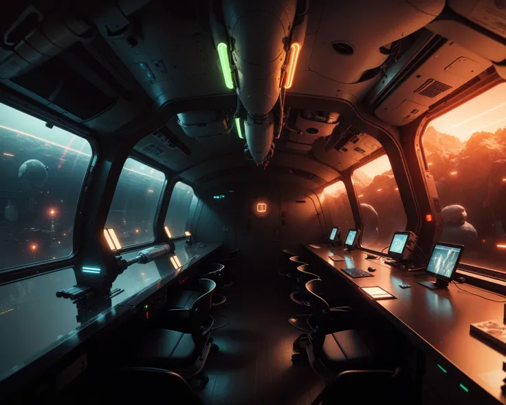 (grainy:0.7),(masterpiece:1.3), best quality, absurdres, extremely detailed, evening, futuristic,<lora:rMadArt3_NoiseOffset:0.75>,
BREAK
inside spaceship, neon lights, detailed parts, volumetric lighting, bioluminescent details,