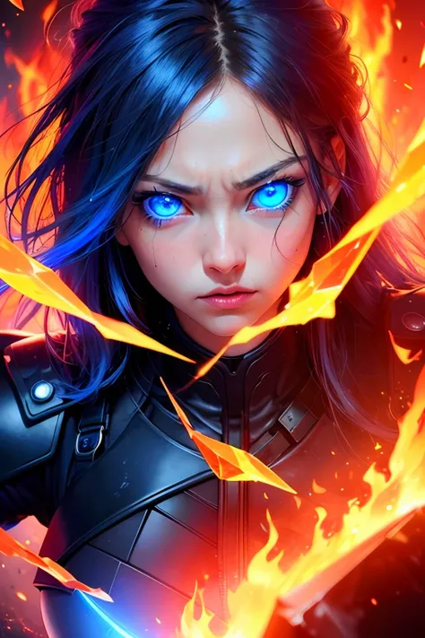 1girl , angry , close up shot , fire in her eyes , glowing particles, ((bright blue eyes)), ((crystal blue eyes)), ((better eye details)), (((fix eye details)))