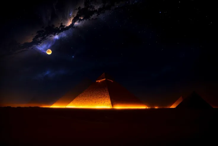 egypt, skyscape, giant moon, highcontrast, dramatic light,in the desert the great pyramid of giza thunderstorm flashes from the top of the great pyramid to the universe, <lora:epi_noiseoffset2:1> <lora:Expressive_H:1> Expressiveh <lora:add_detail:1>