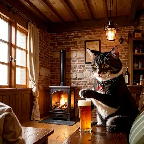 fantasy anthropomorphic cat warrior in dark tavern holding a pint of ale in a cozy environment with gas lamps rustic wood warm brick fireplace and frosted glass windows