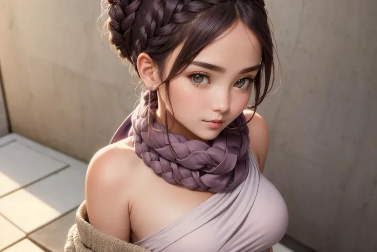 (masterpiece, best quality), 1girl, Mauve Braided Top Knot with Scarf Wrap, medium breasts, Gtonero:0.8,virgin destroyer sweate