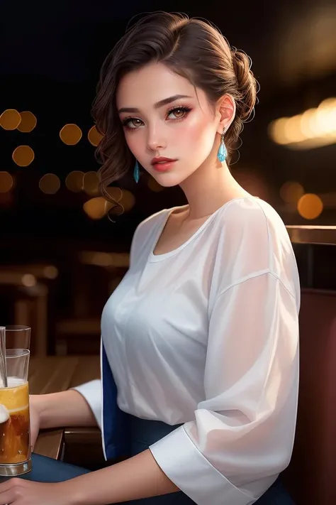photo of seductive (L414C0ST4:0.99), a woman as a sexy student, closeup portrait upsweep updo, at a cantina sitting bar (masterpiece:1.5) (photorealistic:1.1) (bokeh) (best quality) (detailed skin texture pores hairs:1.1) (intricate) (8k) (HDR) (wallpaper) (cinematic lighting) (sharp focus), eyeliner, painted lips, (earrings)