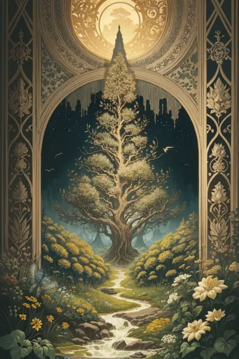 an intricate fantasy illustration in the style of richly detailed art nouveau, featuring wildlife and otherworldly creatures, botanical abundance, intricate landscapes, layered composition, layered imagery, organic biomorphic forms, naturecore, cottagepunk, 8K,
best quality, high quality, absurdres, masterpiece, intricate