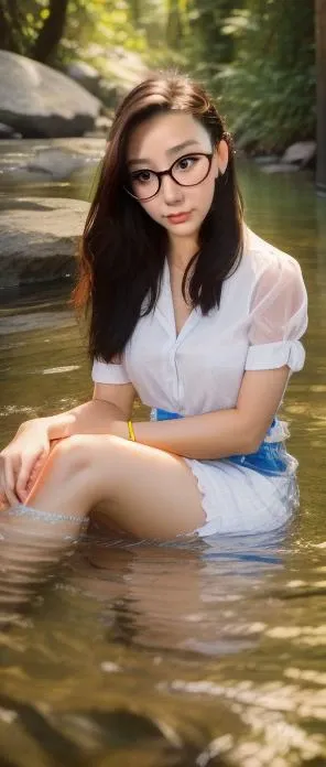 <lora:FilmG2:0.8>,high detail RAW color photo professional close photograph (pureErosFace_V1:0.6)   ,real human skin a portrait  woman standing in a river, long legs,   ripple around ,clear and clean water, wet clothes, web body, wet hair tindal effect ,lens flare ,shade ,bloom, backlighting, depth of field ,natural lighting ,hard focus ,film grain, photographed with Sony a9 II Mirrorless camera ,by Laurence Demaison, mountain and trees background