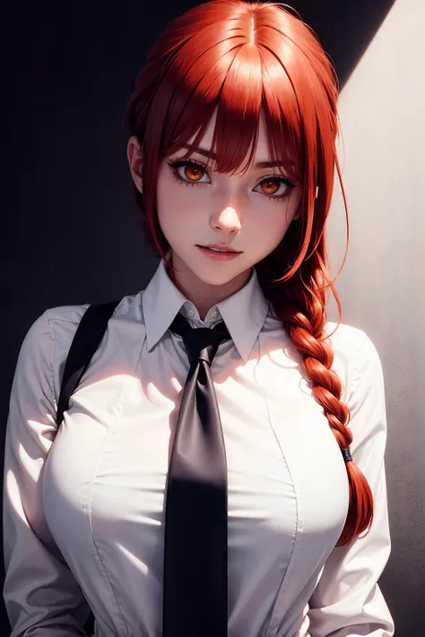 makima \(chainsaw man\), best quality, ultra detailed, 1girl, solo, standing, red hair, long braided hair, golden eyes, bangs, medium breasts, white shirt, necktie, stare, smile, (evil:1.2), looking at viewer, (interview:1.3), (dark background), from below, sharp contrast , gorgeous detailed eyes, focus , close up shot , glowing orange eyes,front view<lora:makima_offset:0.7>
