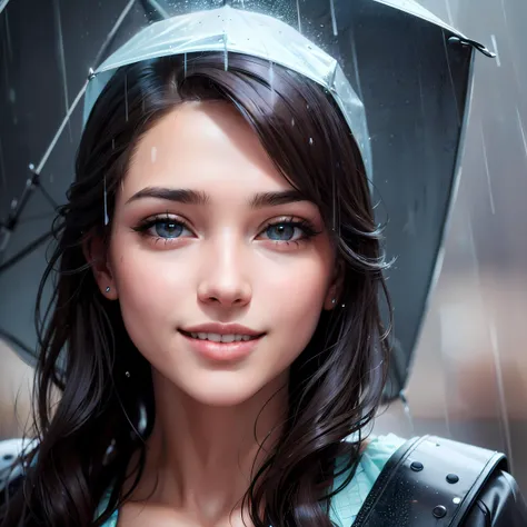 a young woman, perfect aesthetics face, rain, smile, hyperrealistic, hyperdetailed, 8K