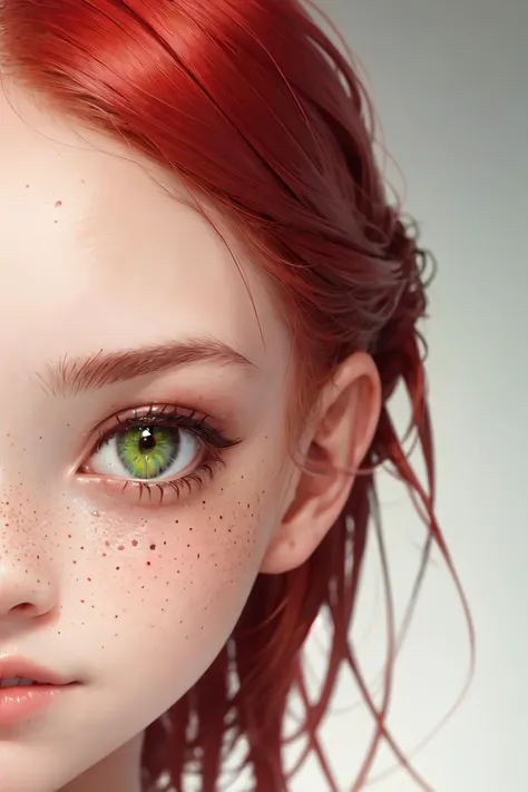 1girl, close up shot, freckles, green eyes, long red hair,