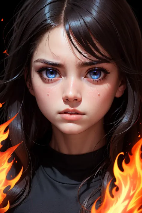 1girl , angry , close up shot , fire in her eyes , glowing particles