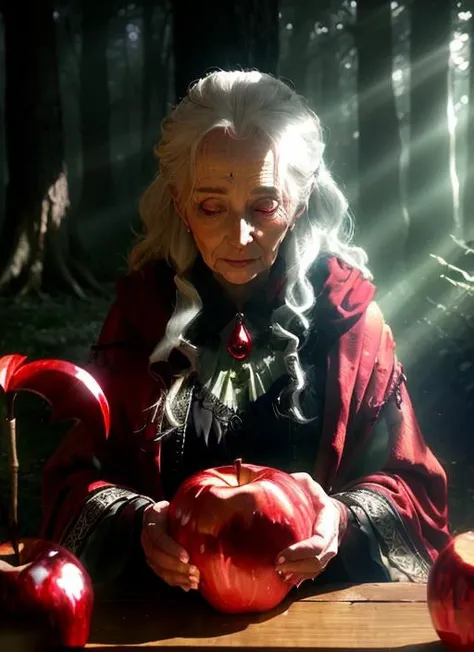 Forest setting, An old crone with a lazy eye offers the viewer a shiny red apple with poison dripping from it., volumetric lighting, god rays, magnificent, elegant, beautiful, fantastical, grimmer, killian eng, emotional, atmospheric