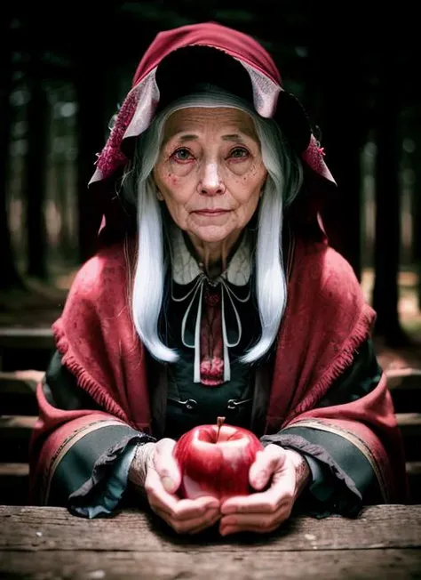 Forest setting, An old crone with a lazy eye offers the viewer a shiny red apple with poison dripping from it., national geographic, high detail, HDR, postprocessed, award winning, 4K 8K photography, high resolution, depth of field, breathtaking, dynamic lighting, volumetric lighting, light dust, diffuse, magnificent, elegant, beautiful, fantastical, grimmer, sigma 18-35mm f/1.8, sharp focus, canon