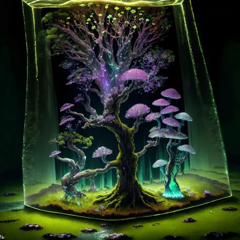 masterpiece of a glass cube with a tree inside, bioluminescence, water, magic, glowing, tree roots, moss, clover, vines, mushrooms, shelf mushrooms, flowers, bubbles, crystals, god rays, high detail, high quality, best quality, rtx, 4k, 8k, <lora:GlassTech-20:1>,