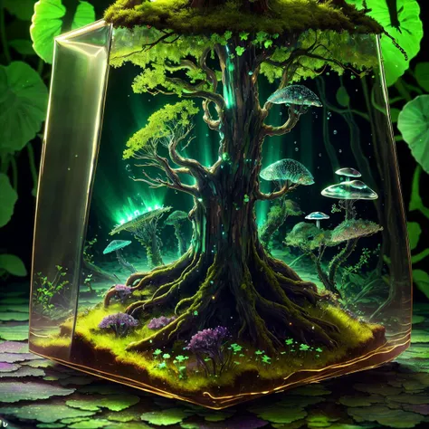 masterpiece of a glass cube with a tree inside, bioluminescence, water, magic, glowing, tree roots, moss, clover, vines, mushrooms, shelf mushrooms, flowers, bubbles, crystals, god rays, high detail, high quality, best quality, rtx, 4k, 8k, <lora:GlassTech-20:1>,