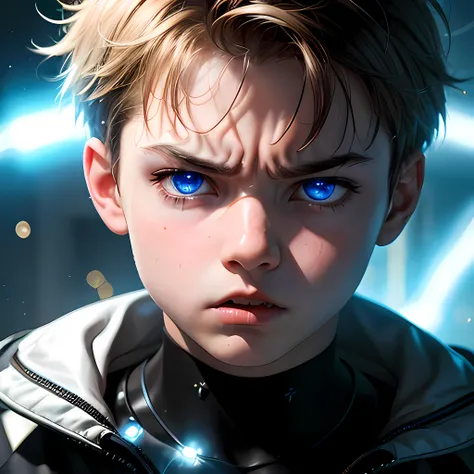 1boy , angry , close up shot , light relflection in his eyes , glowing particles