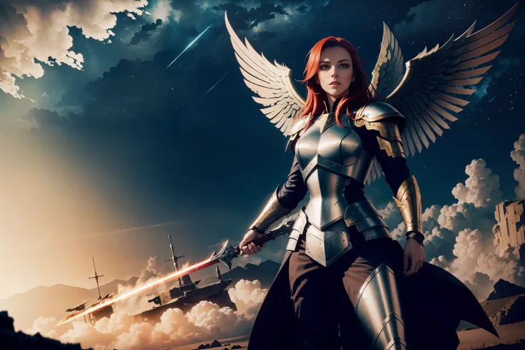 masterpiece, top quality, best quality, beautiful and aesthetic:1.3, valkyrie, lady warrior, green eyes, red hair, battlefield background, smoke, armor, fantasy, battle, no weapon in hand, double wings, Starry sky, night, beautiful eyes, 5 fingers