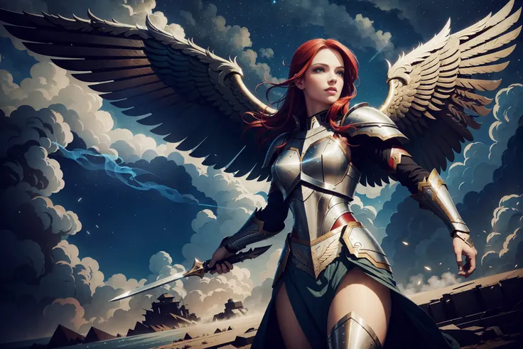 masterpiece, top quality, best quality, beautiful and aesthetic:1.3, valkyrie, lady warrior, green eyes, red hair, battlefield background, smoke, armor, fantasy, battle, no weapon in hand, double wings, Starry sky, night, beautiful eyes, 5 fingers