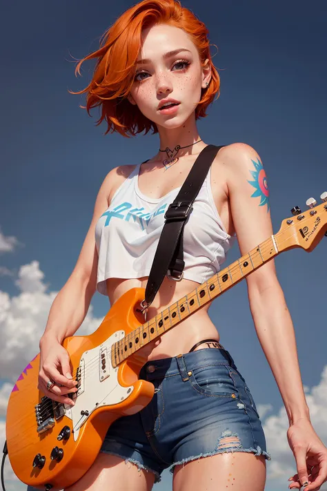 a gorgeous girl with short pixie cut, assymetrical ginger hair , holding an electric guitar, electric guitar , body tattoos , freckles , ripoped denim shorts , white crop top , solo