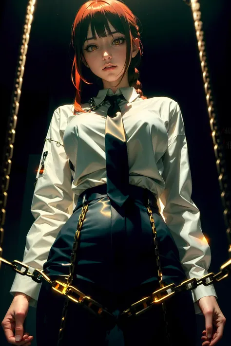 makima \(chainsaw man\), best quality, ultra detailed, 1girl, solo, standing, red hair, long braided hair, golden eyes, bangs, medium breasts, white shirt, necktie, stare, smile, (evil:1.2), looking at viewer, (interview:1.3), (dark background, chains:1.3), from below, sharp contrast , gorgeous detailed eyes, focus , close up shot , glowing orange eyes<lora:makimaChainsawMan_offset:0.6>