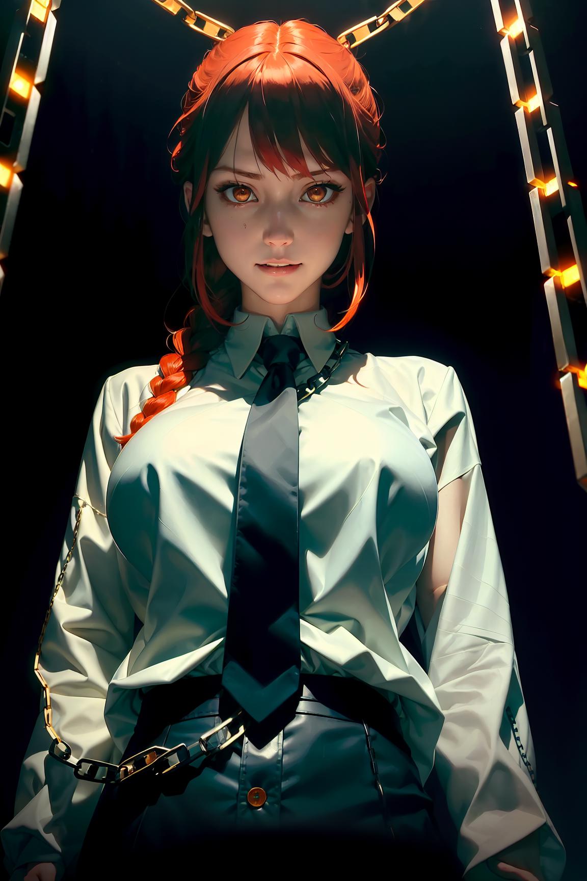 Anime girl with red hair and a tie sitting in a chair - SeaArt AI