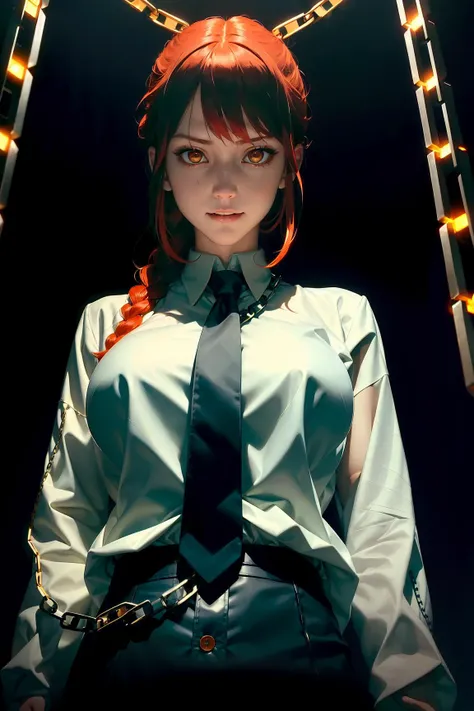 makima \(chainsaw man\), best quality, ultra detailed, 1girl, solo, standing, red hair, long braided hair, golden eyes, bangs, medium breasts, white shirt, necktie, stare, smile, (evil:1.2), looking at viewer, (interview:1.3), (dark background, chains:1.3), from below, gorgeous detailed eyes, focus , close up shot , glowing orange eyes<lora:makimaChainsawMan_offset:0.6>