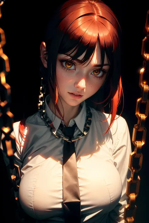 makima \(chainsaw man\), best quality, ultra detailed, 1girl, solo, standing, red hair, long braided hair, golden eyes, bangs, medium breasts, white shirt, necktie, stare, smile, (evil:1.2), looking at viewer, (interview:1.3), (dark background, chains:1.3), from below, sharp contrast , gorgeous detailed eyes, focus , close up shot , glowing orange eyes<lora:makimaChainsawMan_offset:0.6>