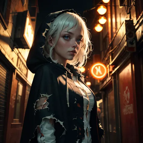 (grainy:0.7),(masterpiece:1.1), best quality, beautiful, beautiful eyes, portrait, absurdres, extremely detailed illustration, night, futuristic,<lora:rMadArt3_NoiseOffset:0.75>,
girl, cape with hood, light logo , [cyberpunk clothing:torn fabric:0.25], red lights, orange lights, menacing, white hair, in middle,
alley, neon lights,