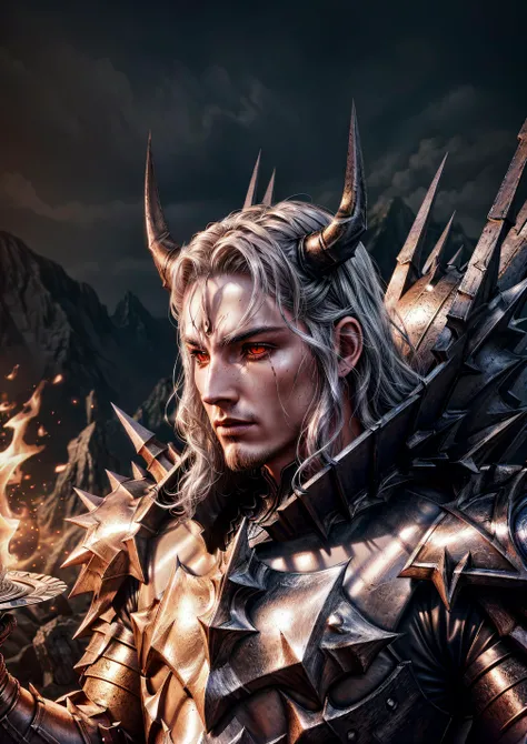 ultra realistic 8k cg, picture-perfect face, flawless, clean, masterpiece, professional artwork, famous artwork, cinematic lighting, cinematic bloom, (8k), (4k), (Masterpiece), (Best Quality), fantasy, extremely detailed, intricate, hyper-detailed, illustration, (specular lighting:1.4), a male hell knight, highly detailed, 4k, HDR, smooth, sharp focus, hyper realistic, high resolution, plate armor, armor with spikes, demon wings, fire background castle, horns, long silver hair, <lora:sauron:0.4>, <lora:PrettyBoy:0.3>, <lora:add_detail:1>, <lora:128dimTurbomaleV7_128:0.2>, handsome man, red eyes, pale skin