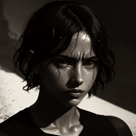 1girl portrait of a young woman frowning with disappointment, curled lips, shiny wet skin, (High contrast rim lighting:1.4), dramatic shadows, backlight, edge light, hard light, 8k UHD, high quality, film grain, photorealistic