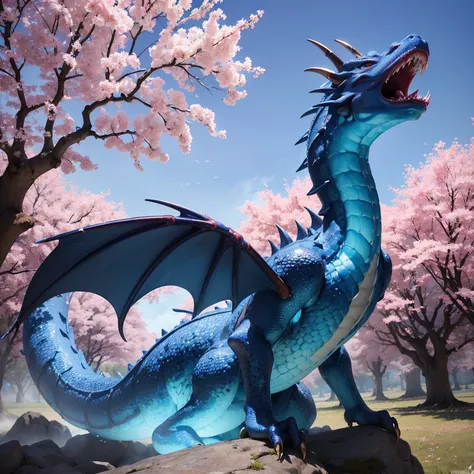 masterpiece, best quality, high definition, highest quality, ultra-realistic, (((a single blue Chinese styled dragon breathing fire out of mouth))), ((cherry blossom trees in background)), ((high detailed scales)), ((crystal blue eyes)), ((two wings)), ((smoke coming out of nostrils)), (5D), hyperrealism, hyper-realistic, 16k definition, high definition, HD, (location: the sky of a old styled Chinese village), (vibrant colors), (sharp teeth), (outdoors)