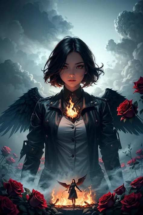 horror-themed Radiant beautiful dark angel stands amidst a field of flaming roses at night, aglow with fire, the roses ethereal form exudes a sense of calm and tranquility in the face of the furious inferno, dark theme,very detailed perfect red eyes,vampire, distortion for emotional effect, captures feeling over (fog:1.05), style of Artgerm and Ilya Kuvshinov, unsettling, dark, spooky, suspenseful, grim, highly detailed , seductive,<lora:breastsizeslideroffset:0.2> <lora:add_detail:0.2>