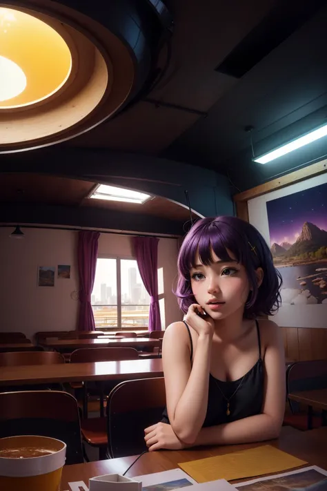 1girl, (by OSGEMEOS:1.1) , professional Water color painting, dark Drawing, studio Painting, elegant, medium wide shot of a dark violet Zulu ([cafeteria|Vine]:1.3) , the cafeteria is very [Biochemical:Biopunk:11] and Saturated, it is made from Nomex, it is smooth, covered in Vinyl Rule of Thirds, from inside of a Rounded Suzdal, dense jungle and water, Smoky Conditions, Panorama, Illustration, Sad, Pixiecore, moody lighting, telephoto lens, anaglyph filter, Embossing, cosmic energy, Pixabay, High quality