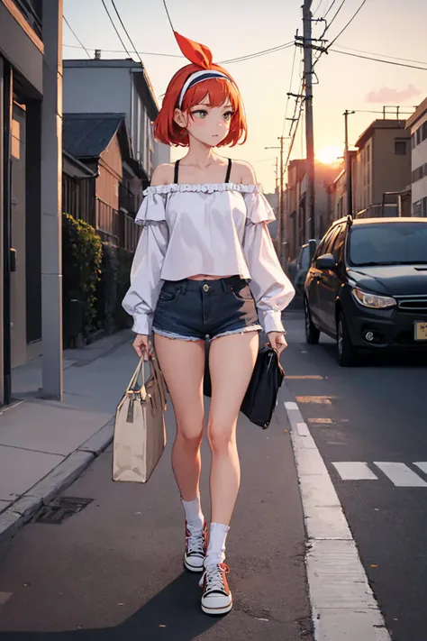 (masterpiece, best quality:1.2), full body, solo focus, 1girl, facing away, walking, hairband, off-shoulder shirt, shorts, converse, sunset, sidewalk