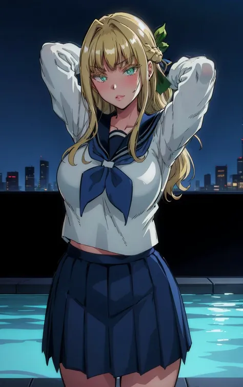 (masterpiece, best quality:1.4), insaneres, absurdres, solo, looking at viewer, BREAK
SchoolUniform_LouisaRichter_ownwaifu,
1girl, blonde hair, green eyes, long hair, bangs, large breasts, hair ribbon, french braid, collarbone, hair intakes, half updo, huge breasts, lips, shiny hair,
blue shirt, blue skirt, long skirt, pleated skirt, school uniform, serafuku, long sleeves, blue sailor collar, blue serafuku, green ribbon, neckerchief,
(contrapposto, arms behind head), neon_lights, cityscape, night, pool, full moon, outdoors, <lora:FAP_CHR_SeikaGirlsAORO_LouisaRichter_ownwaifu:0.9> , depth of field
,