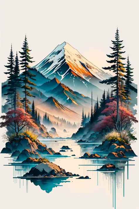 (masterpiece, best quality:1.2), white background, scenery, ink, mountains, water, trees <lyco:Ink scenery:1.0>