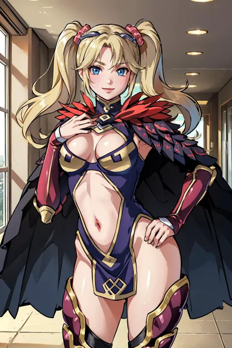 work of art, 8K, style of art by shaman240, very highly detailed face, detailed clothing, detailed fabric, rls, ( Katarina sworn death (league of legends 1.1)) beautiful face, asymmetrical long hair, hair light blue, exposed belly on, black thigh high boots, very detailed blue eyes, leather mini skirt, cute smile, posing in front of the camera, gazing at viewer, crouched on the floor with legs spread, giorno, full - view,