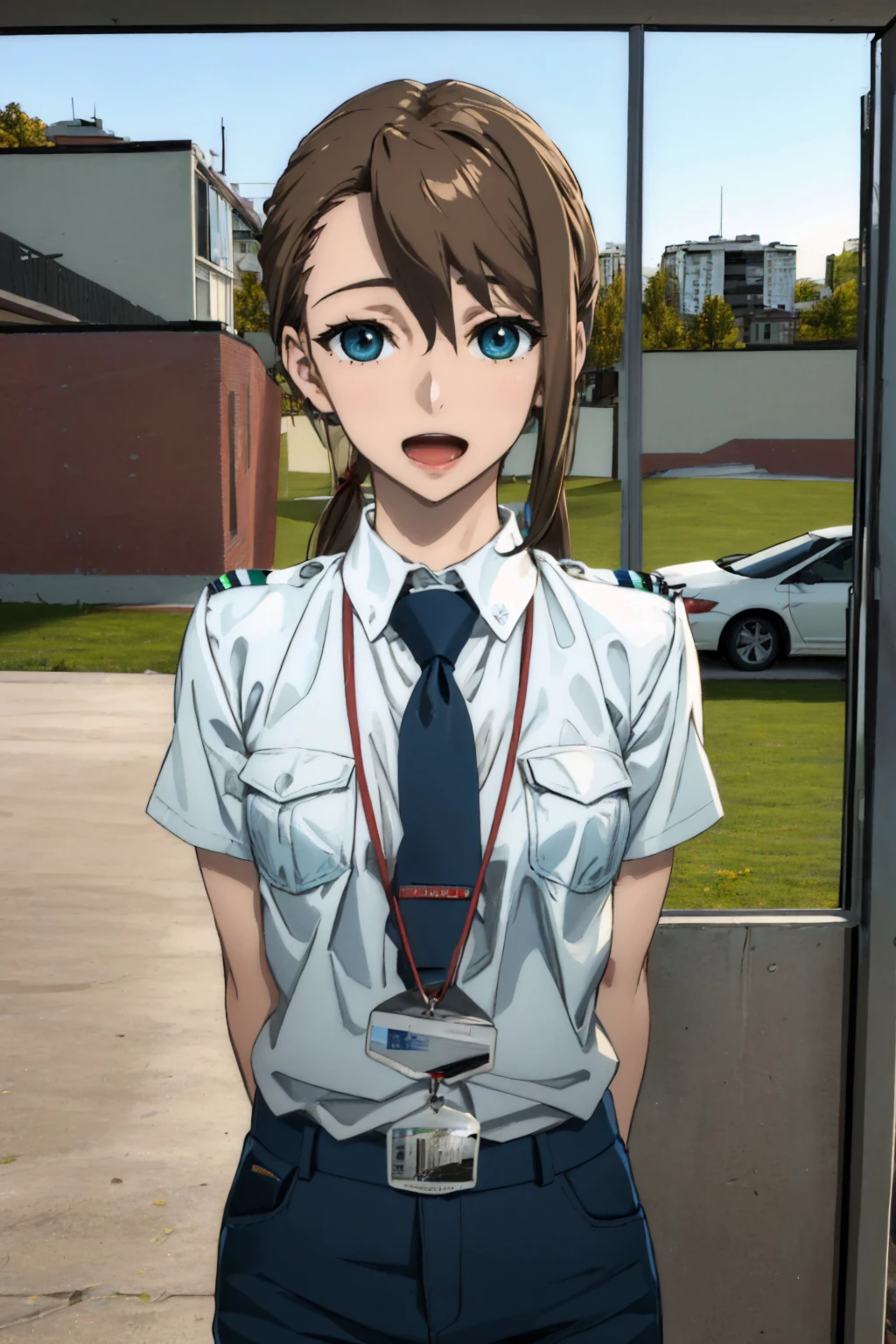 (masterpiece, best quality:1.2), gm_construct, scenery, building, grass, solo, 1girl, tennoujinae, smile, open mouth, looking at viewer, spoken question mark, arms behind back, twintails, white shirt, necktie, lanyard, blue pants <lora:tennoujinae-nvwls-v1:1.0> <lora:architecture_gmconstruct-09:1>