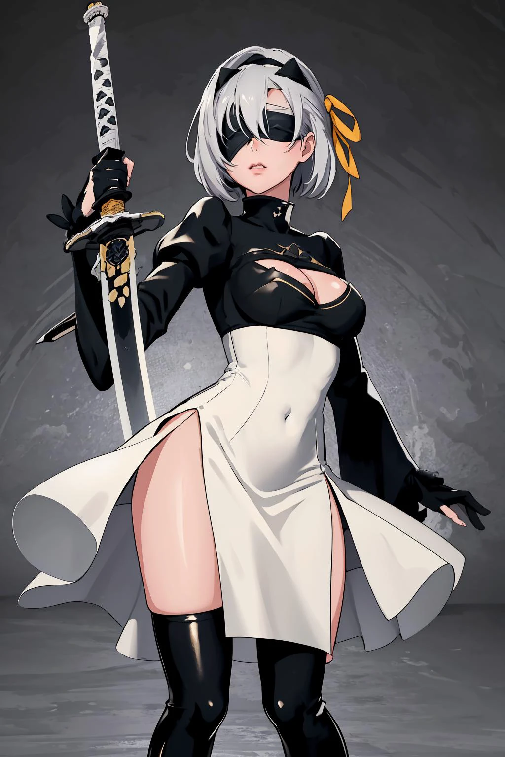 masterpiece, best quality, 1girl, solo, standing, katana, sword, <lora:modernia-nikke-richy-v3:1> moderniadef, <lora:2bNierAutomata_v10:0.7> blindfold, dress, long hair, side slit, covered eyes