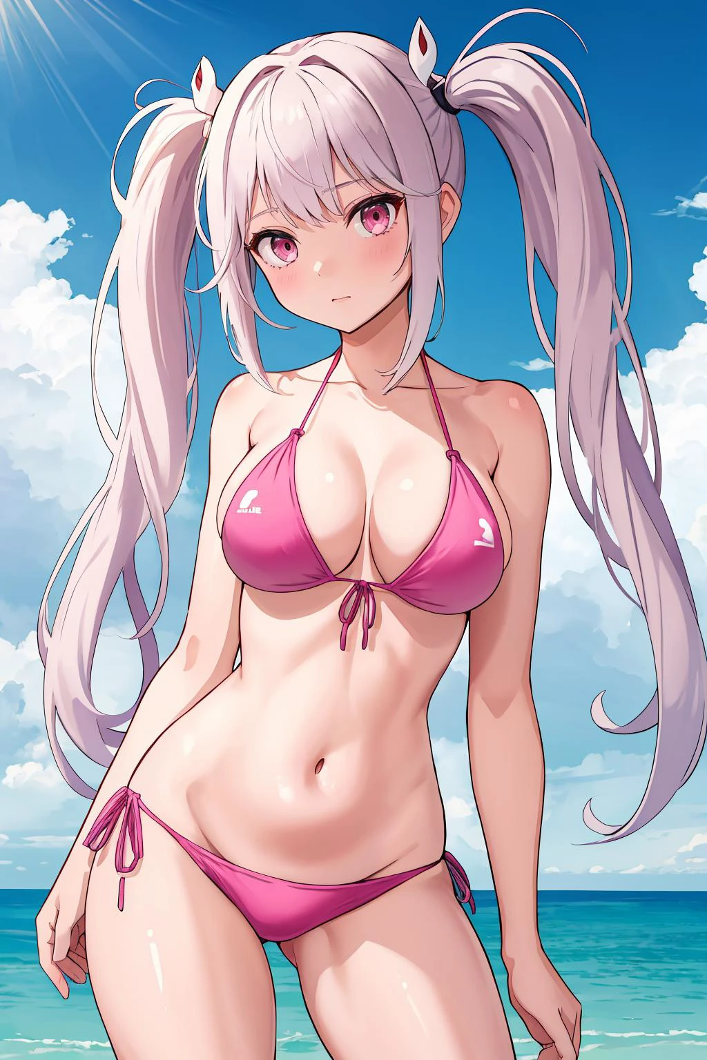 masterpiece, best quality, 1girl, solo, standing, <lora:alice-nikke-richy-v1:1> alicernd, side-tie bikini bottom, bikini, large breasts, pink eyes,twintails