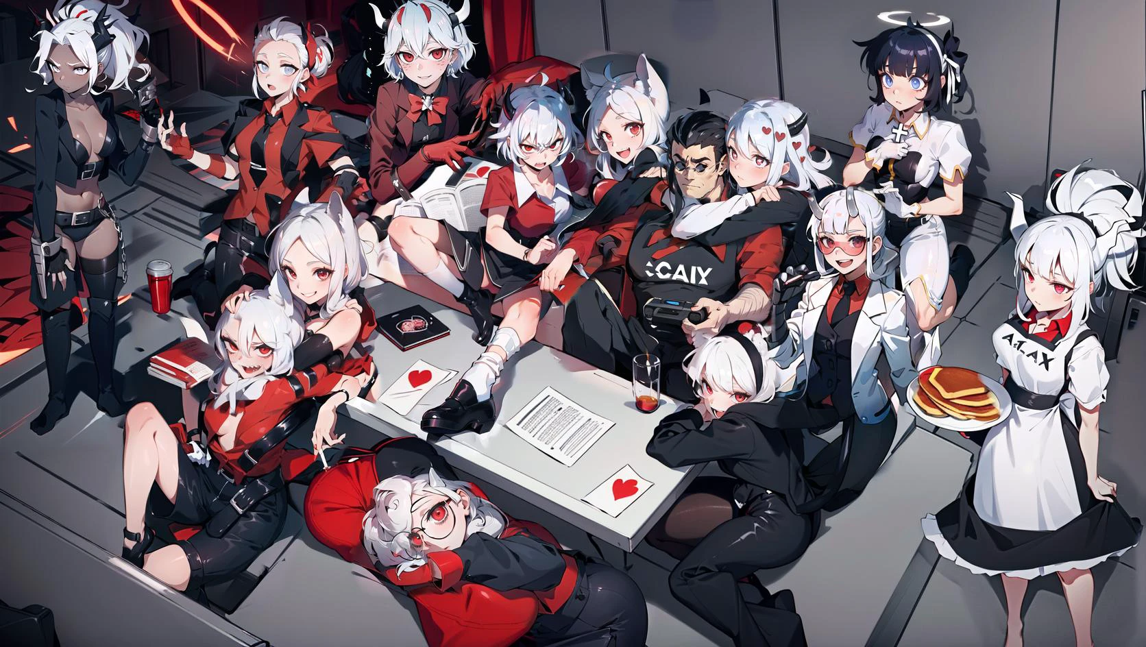 Highly detailed, High Quality, Masterpiece, beautiful, multiple girls, 1boy,
BREAK indoors, table, coach, sitting
BREAK, htcerberus, waistcoat, red shirt, black necktie, arm garter, black vest, black gloves, black pants, <lora:Char_Helltaker_Cerberus:0.9>,
BREAK, htzdrada, sharp teeth, hair over one eye, red shirt, gloves, black pants, piercing, choker, cross necklace, <lora:Char_Helltaker_Zdrada:0.9>,
BREAK, htmalina, horns, waistcoat, red shirt, sleeves rolled up, black vest, black skirt, black pantyhose, <lora:Char_Helltaker_Malina:0.9>,
BREAK, htbeelzebub, freckles, formal, suit, shirt, red bow, red gloves, red pants, <lora:Char_Helltaker_Beelzebub:0.9>,
BREAK, Judgement, dark skin, colored skin, horns, tail, long hair, ponytail, gauntlets, jacket, navel, belt, chain, armband, thighhighs, <lora:Char_Helltaker_Judgement:0.9>,
BREAK, htjusticedef, horns, sunglasses, black jacket, jacket on shoulders, red shirt, black necktie, short sleeves, red gloves, black pants, belt, <lora:Char_Helltaker_Justice:0.9>,
BREAK, htmodeus, heart-shaped pupils, formal, black jacket, red sweater, turtleneck, sleeves past wrists, black skirt, red pantyhose, <lora:Char_Helltaker_Modeus:0.9>,
BREAK, htloremaster, mechanical arms, ponytail, horns, goggles, tinted eyewear, open clothes, labcoat, red shirt, black necktie, black pants, <lora:Char_Helltaker_Loremaster:0.9>,
BREAK, htpandemonica, horns, glasses, formal, suit, black jacket, red shirt, black gloves, black skirt, <lora:Char_Helltaker_Pandemonica:0.9>,
BREAK, luciferapron, red shirt, black apron, <lora:Char_Helltaker_Lucifer:0.9>,
BREAK, htazazel, hair ribbon, halo, collared shirt, short sleeves, white gloves, white pants, cross, <lora:Char_Helltaker_Azazel:0.9>,
BREAK, hthelltaker, arm hair, sunglasses, red shirt, collared shirt, black apron, <lora:Char_Helltaker_Helltaker:0.9>,