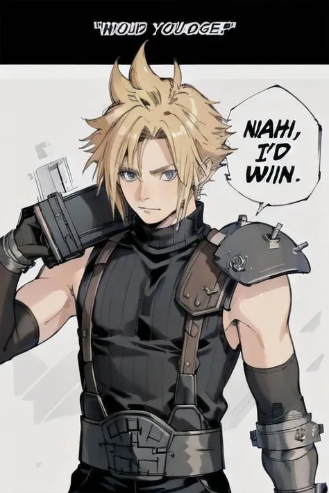 (masterpiece, best quality:1.2), monochrome, greyscale, nahidwin, speech bubble, english text, close-up, solo, 1boy, cloud strife, shoulder armor, sleeveless turtleneck, suspenders, belt, baggy pants, gloves, bracer, boots