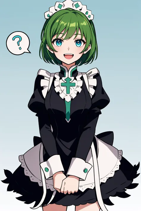 masterpiece, best quality, 1girl, solo, standing, looking at viewer, :D, confused, ?, spoken question mark, speech bubble, <lora:nino_fe_v1:1> nino, green hair, short hair, blue eyes, <lora:FEFatesMaid_v1:1> fates maid, maid headdress