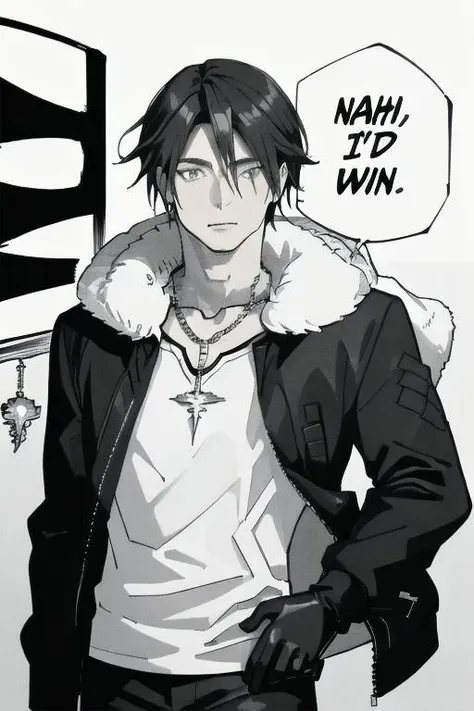 (masterpiece, best quality:1.2), monochrome, greyscale, nahidwin, speech bubble, english text, close-up, solo, 1boy, squall, scar, necklace, black jacket, fur trim, white t-shirt, black pants, black gloves