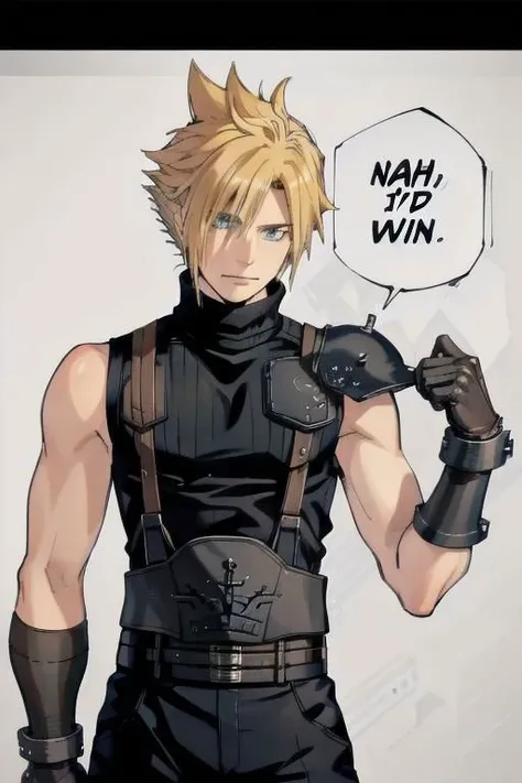 (masterpiece, best quality:1.2), monochrome, greyscale, nahidwin, speech bubble, english text, close-up, solo, 1boy, cloud strife, shoulder armor, sleeveless turtleneck, suspenders, belt, baggy pants, gloves, bracer, boots